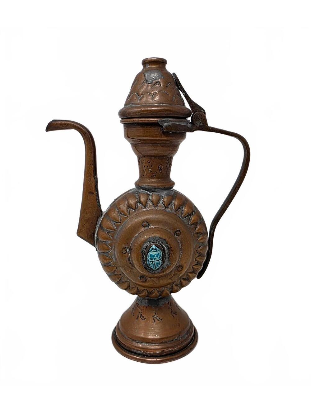Vintage Egyptian Copper Scarab Coffee Pot Handmade Ewer 7.75 Inch